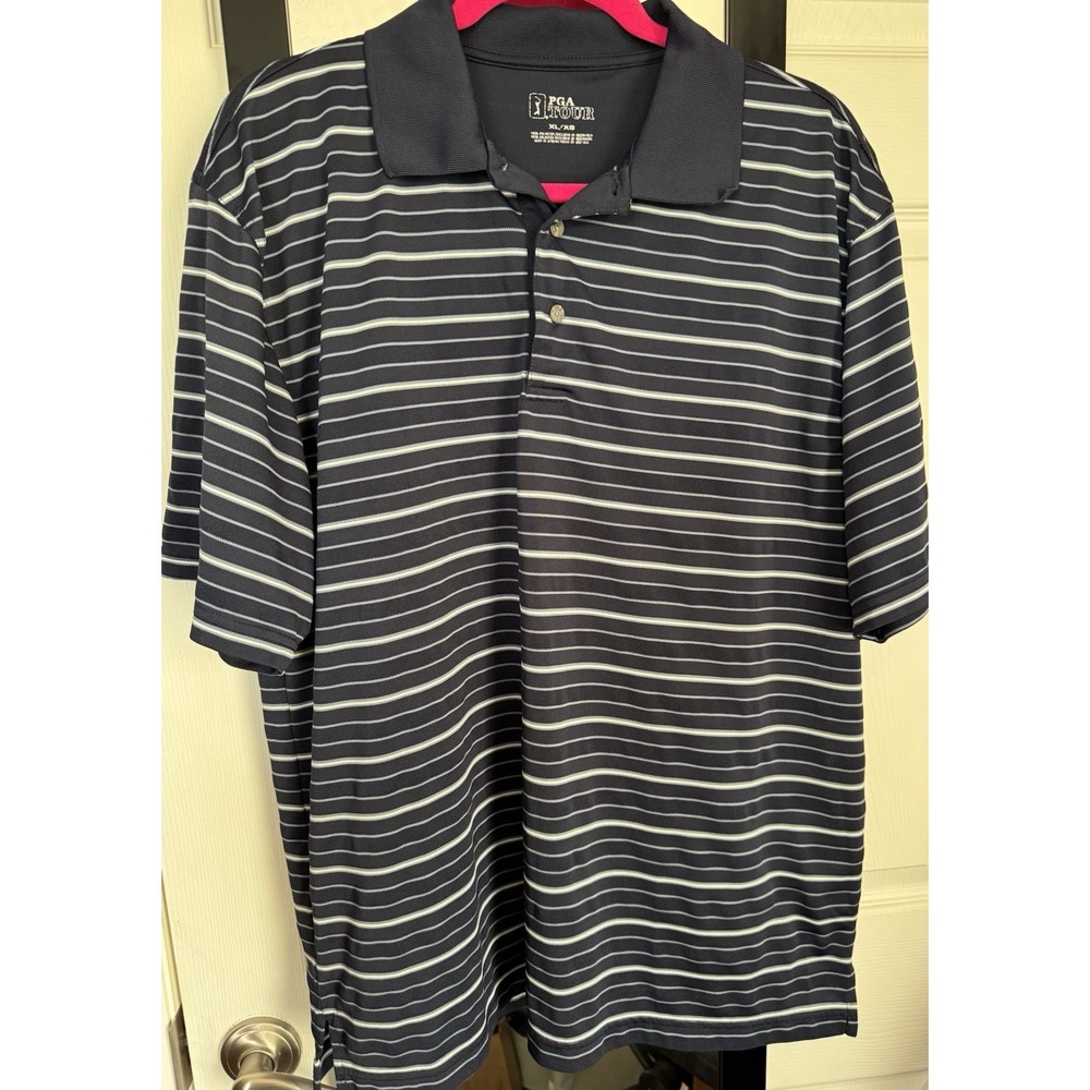 PGA Tour Polo Shirt Mens XL Black Gray Striped Short Sleeve Golf Polyester